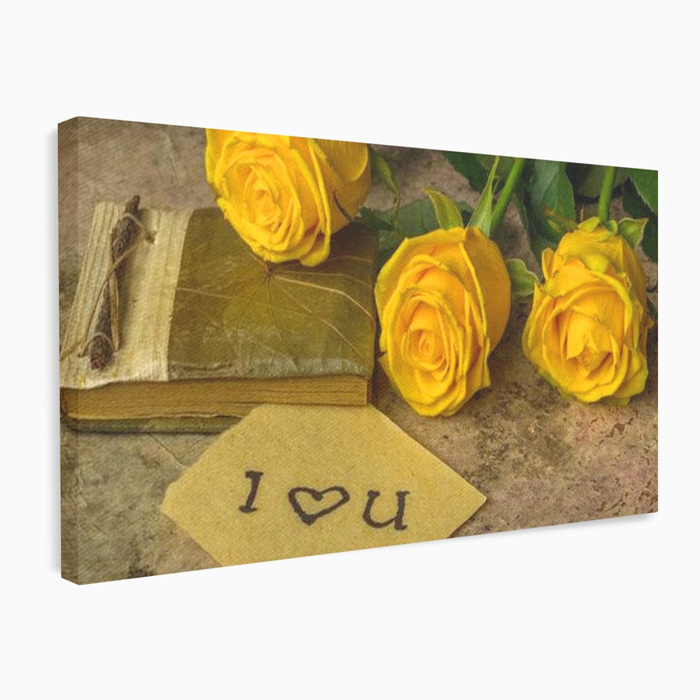 Tablou canvas cu tablou canvas cu trandafiri galbeni si jurnal, fara rama, pe sasiu de lemn